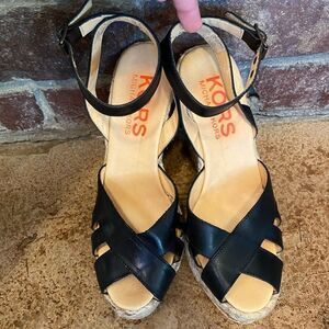Kors by Michael Kors black leather Strappy espadrille wedge sandals‎